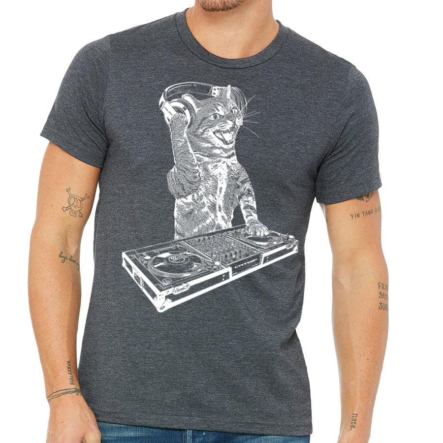 Men's Cat DJ T-shirt featuring a playful kitten as a disc jockey, designed for dance party lovers.