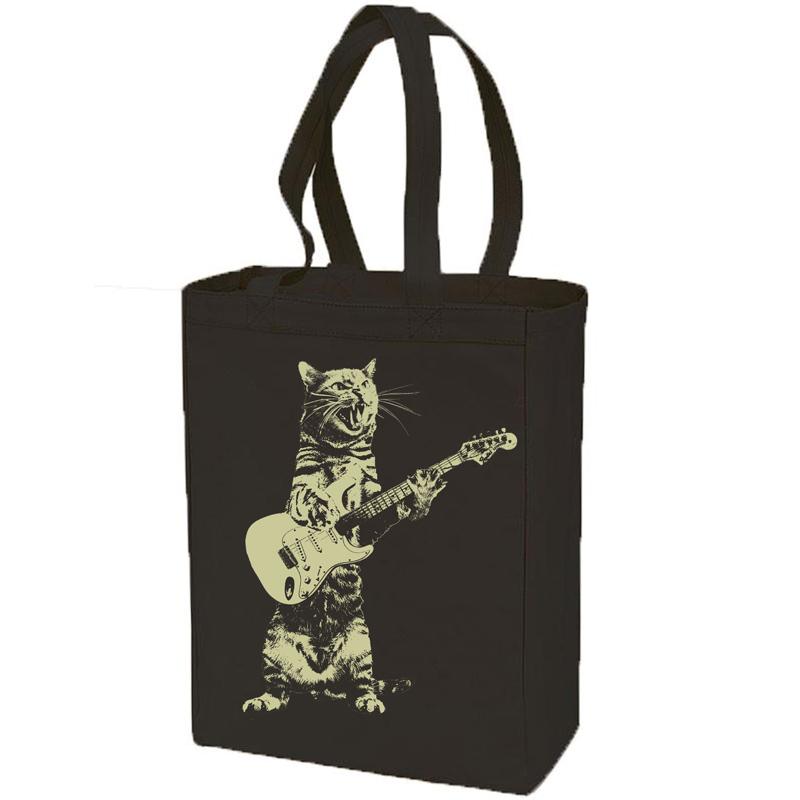 A natural cotton canvas tote bag featuring a playful cat playing a guitar, perfect for everyday use.