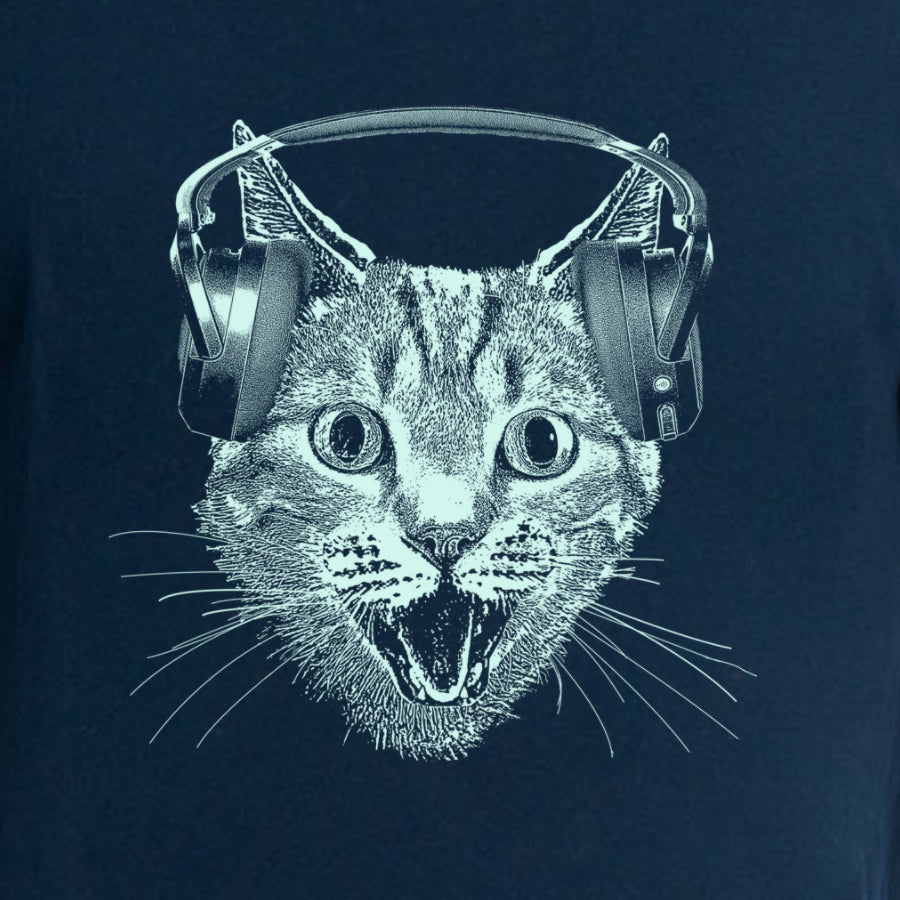 Men's T-shirt featuring a playful cat wearing headphones, perfect for music lovers and cat enthusiasts.