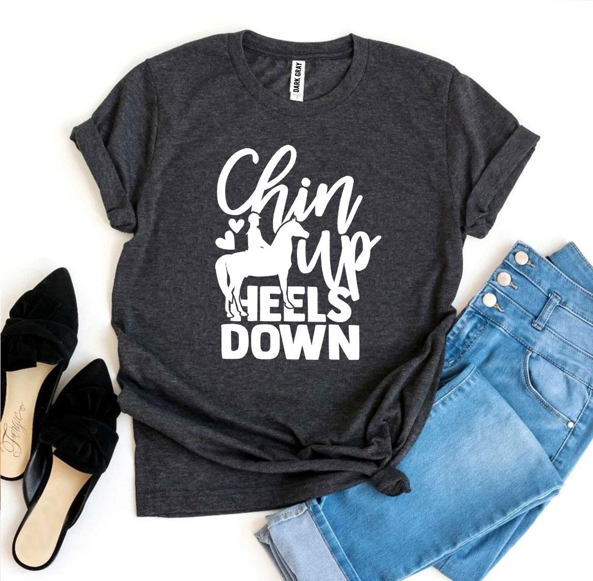 Chin Up Heels Down T-shirt made of premium ring spun cotton, featuring a stylish flex print design.