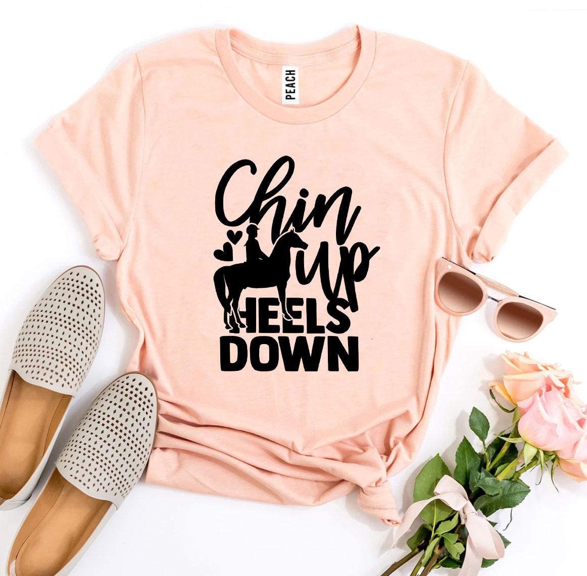 Chin Up Heels Down T-shirt made of premium ring spun cotton, featuring a stylish flex print design.