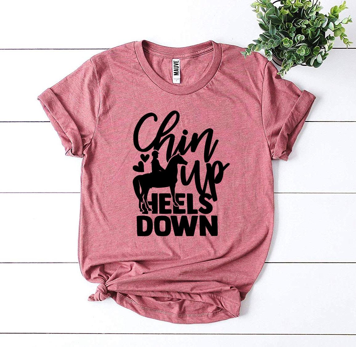 Chin Up Heels Down T-shirt made of premium ring spun cotton, featuring a stylish flex print design.