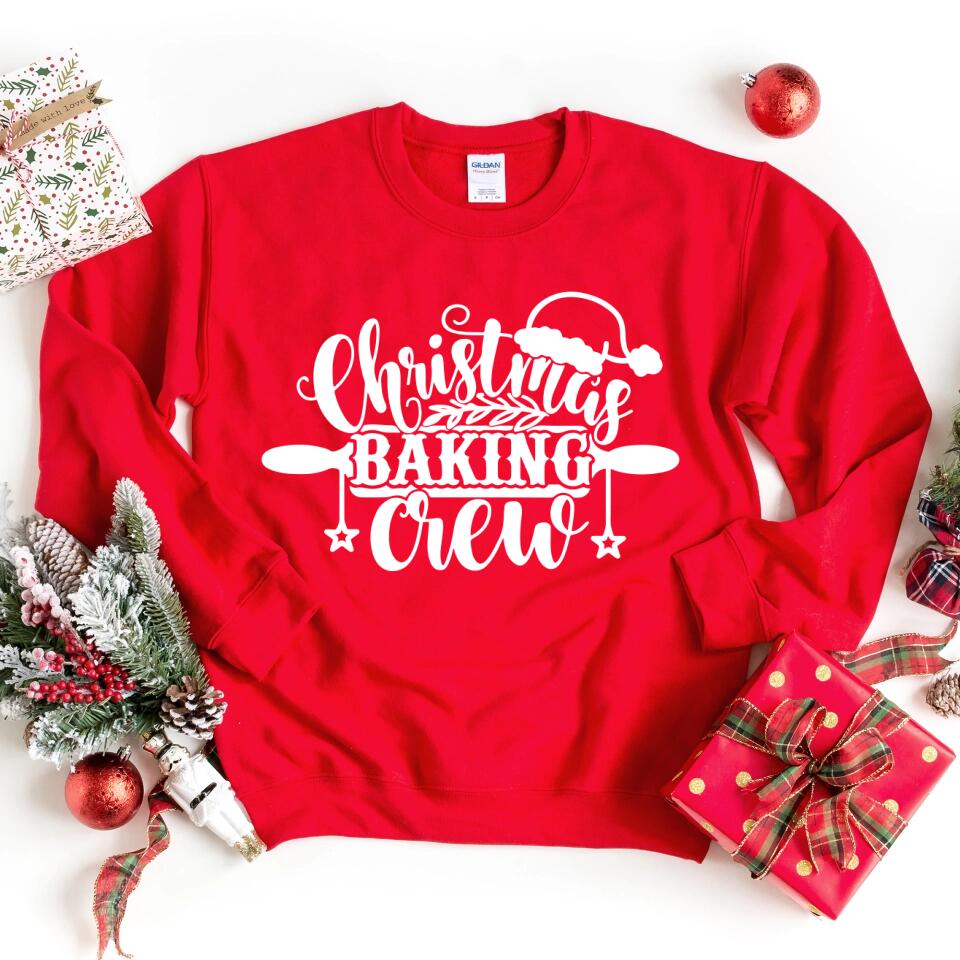 A cozy Christmas Baking Crew Top featuring festive designs, perfect for holiday baking and gatherings.