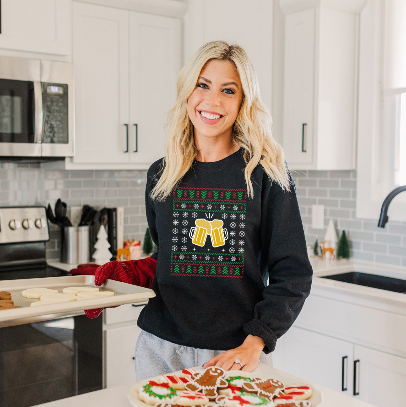 Christmas Beer Ugly Sweatshirt featuring a festive design, made from a soft cotton-polyester blend, perfect for holiday celebrations.