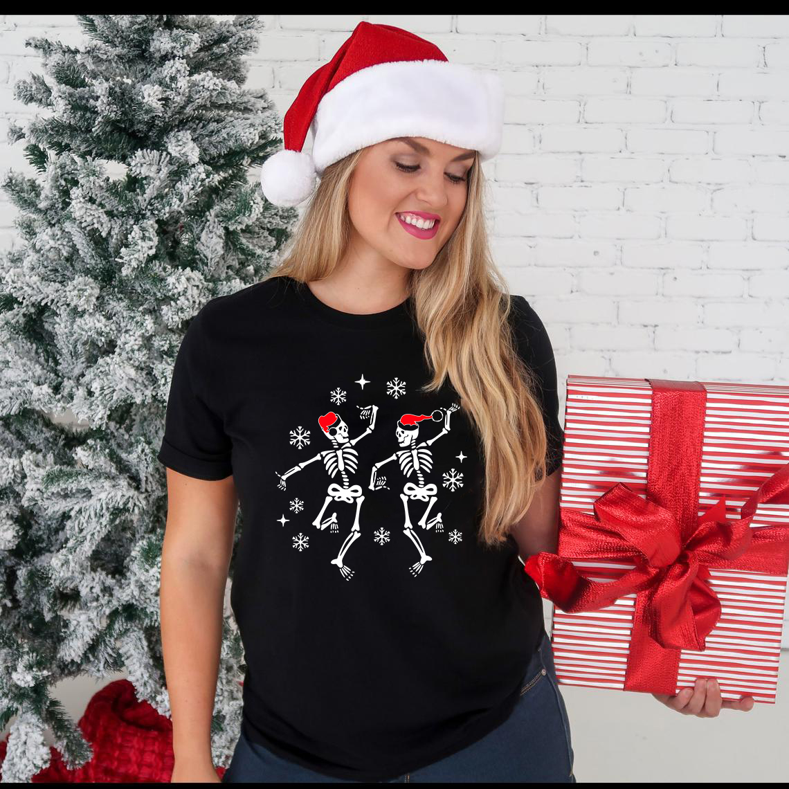 A vibrant Christmas Dancing Skeleton Shirt featuring a playful skeleton design, perfect for holiday celebrations.