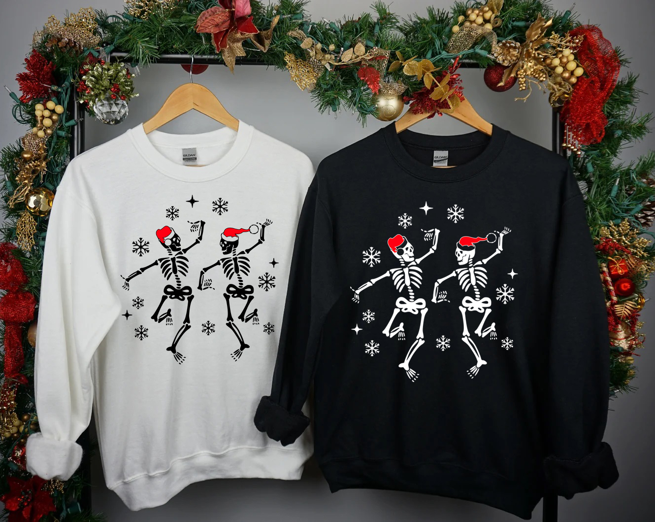 A cozy Christmas Dancing Skeleton Sweatshirt featuring a playful skeleton design, perfect for festive occasions.