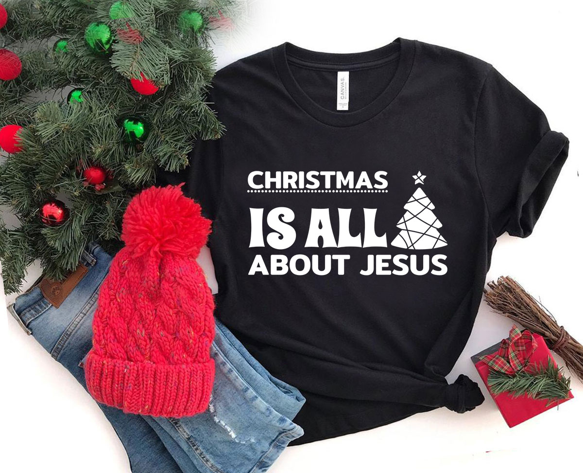 Unisex Christmas Is All About Jesus shirt in various colors, showcasing a comfortable fit and high-quality print.