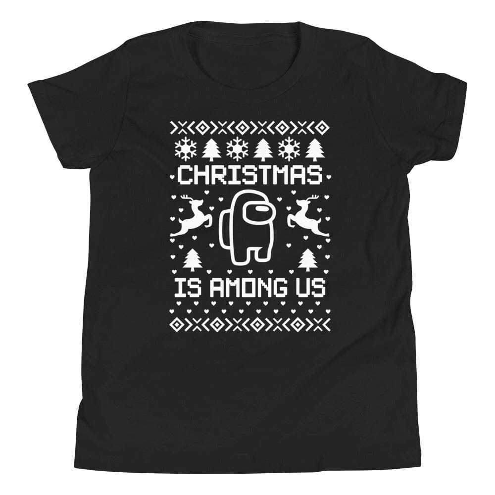 A youth wearing the Christmas Is Among Us Tee, showcasing its vibrant design and comfortable fit, perfect for holiday celebrations.