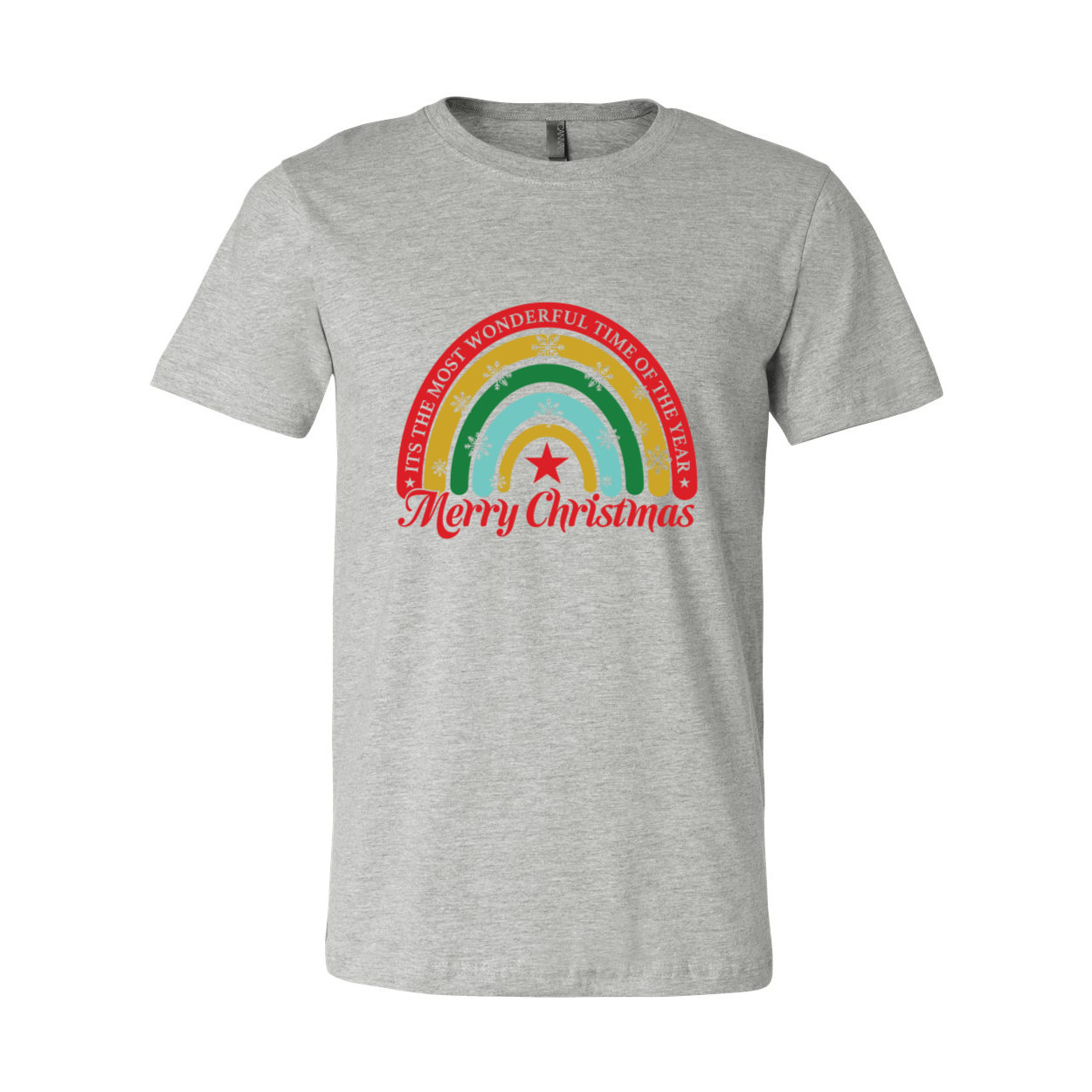 A colorful unisex Christmas T-shirt featuring a rainbow design with snowflakes, perfect for festive occasions.