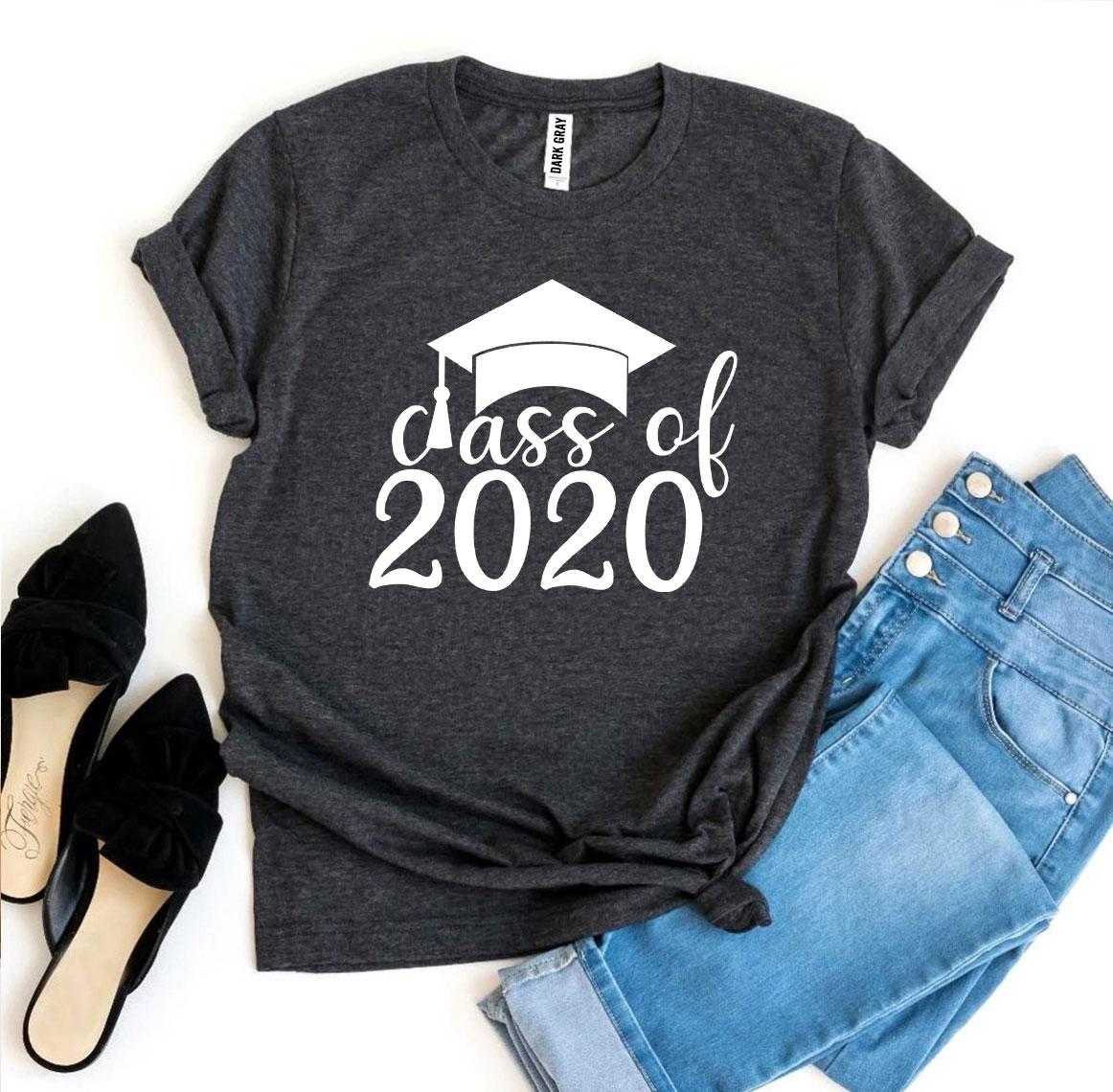 Class Of 2020 T-shirt made from premium ring spun cotton, featuring a vibrant graduation design and available in multiple sizes.