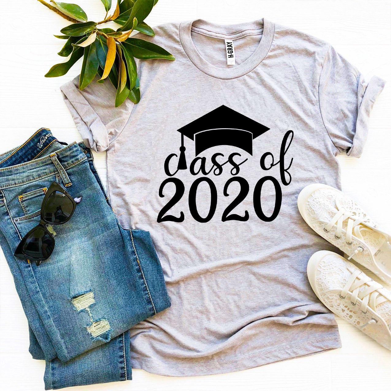 Class Of 2020 T-shirt made from premium ring spun cotton, featuring a vibrant graduation design and available in multiple sizes.