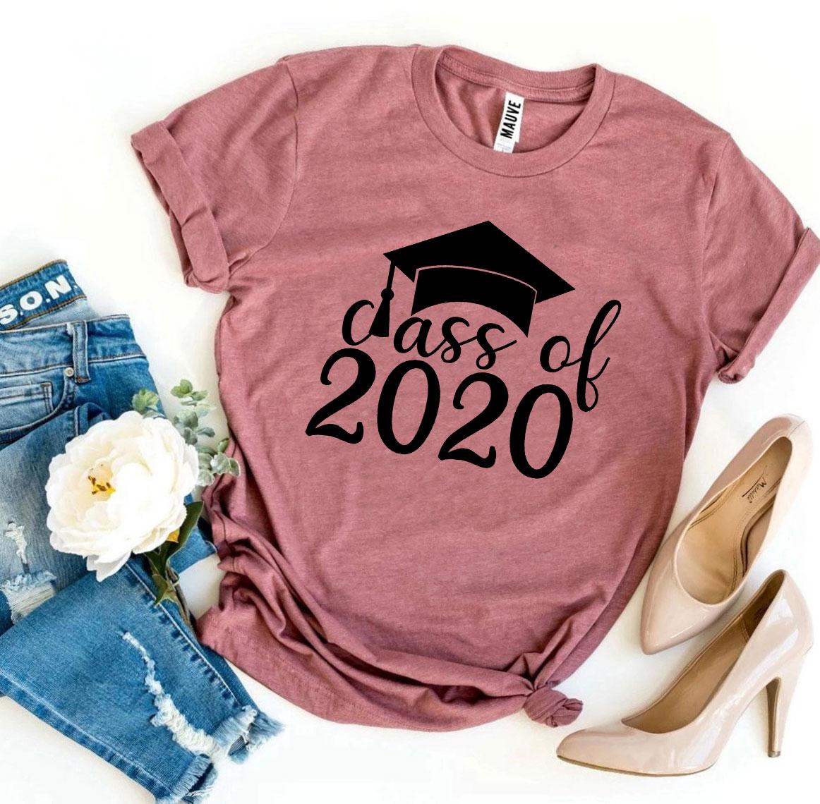 Class Of 2020 T-shirt made from premium ring spun cotton, featuring a vibrant graduation design and available in multiple sizes.
