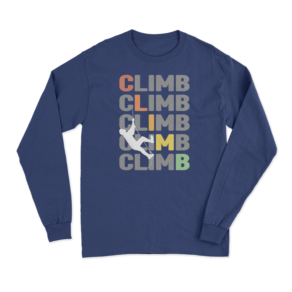 Climbbbbb Men Long Sleeve Shirt in classic midweight fabric, featuring a non-topstitched collar and double-needle sleeves.