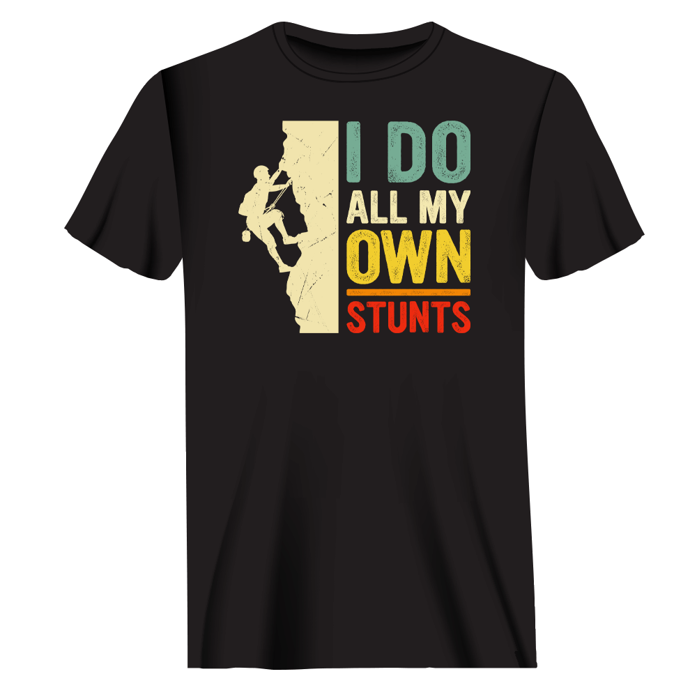 Climbing I Do All My Own Stunts Man T-Shirt in solid color, showcasing its modern fit and soft fabric.