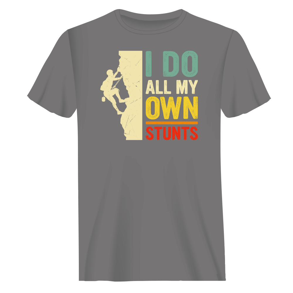 Climbing I Do All My Own Stunts Man T-Shirt in solid color, showcasing its modern fit and soft fabric.