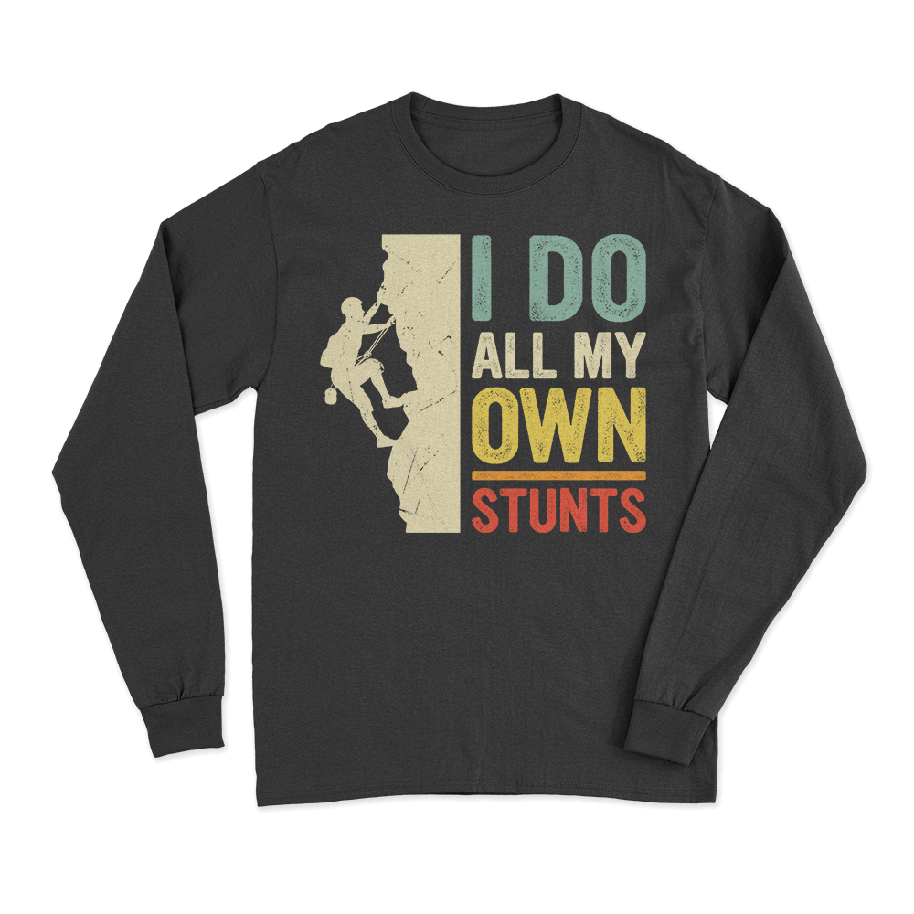 Men's long sleeve shirt featuring 'Climbing I Do All My Own Stunts' design, made from midweight fabric with a comfortable fit.