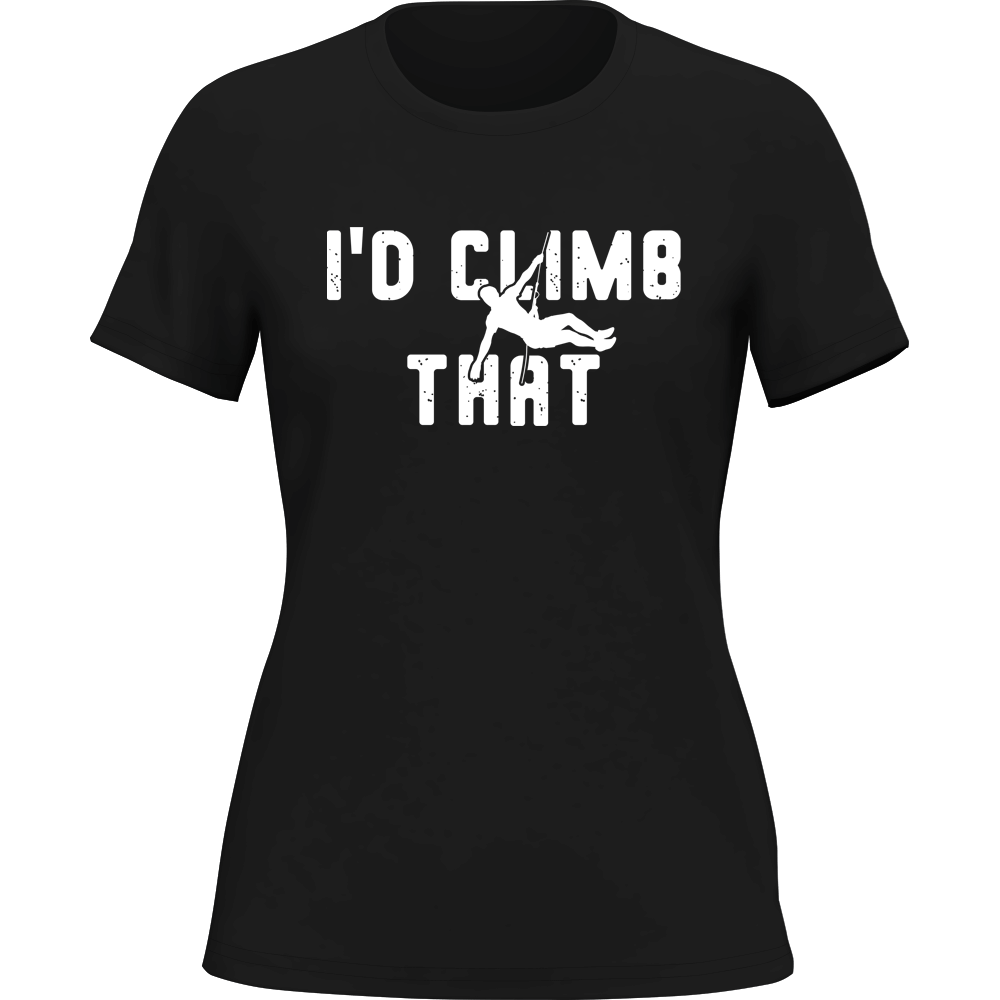 A stylish women's t-shirt featuring the phrase 'I'd Climb That' designed for climbing enthusiasts, made from soft ringspun cotton.