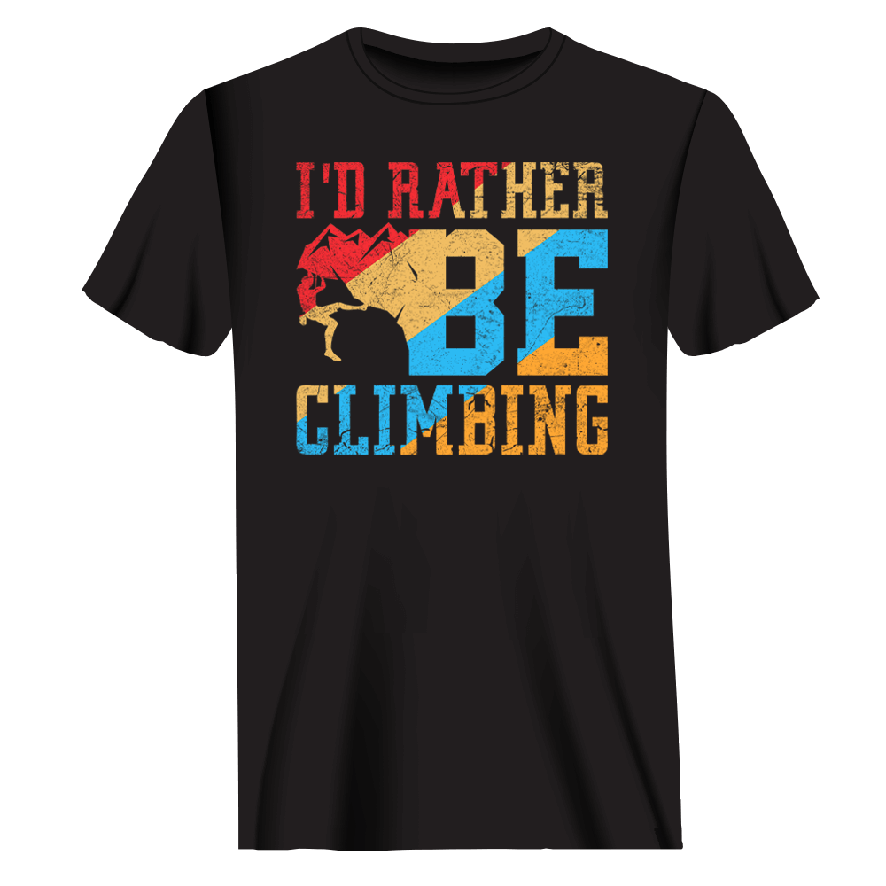 A man wearing the I'd Rather Be Climbing T-Shirt, showcasing its comfortable fit and stylish design, perfect for climbing enthusiasts.