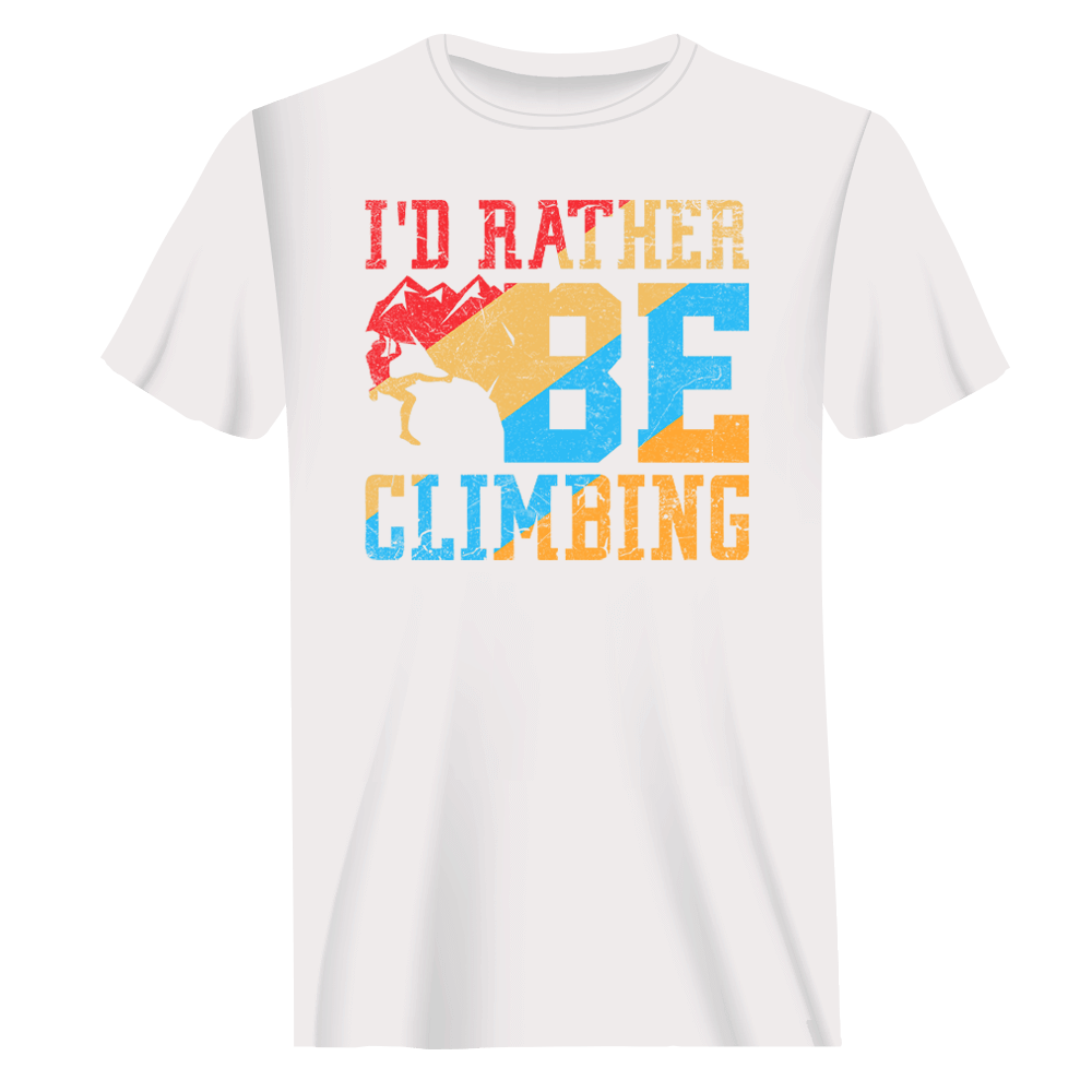 A man wearing the I'd Rather Be Climbing T-Shirt, showcasing its comfortable fit and stylish design, perfect for climbing enthusiasts.