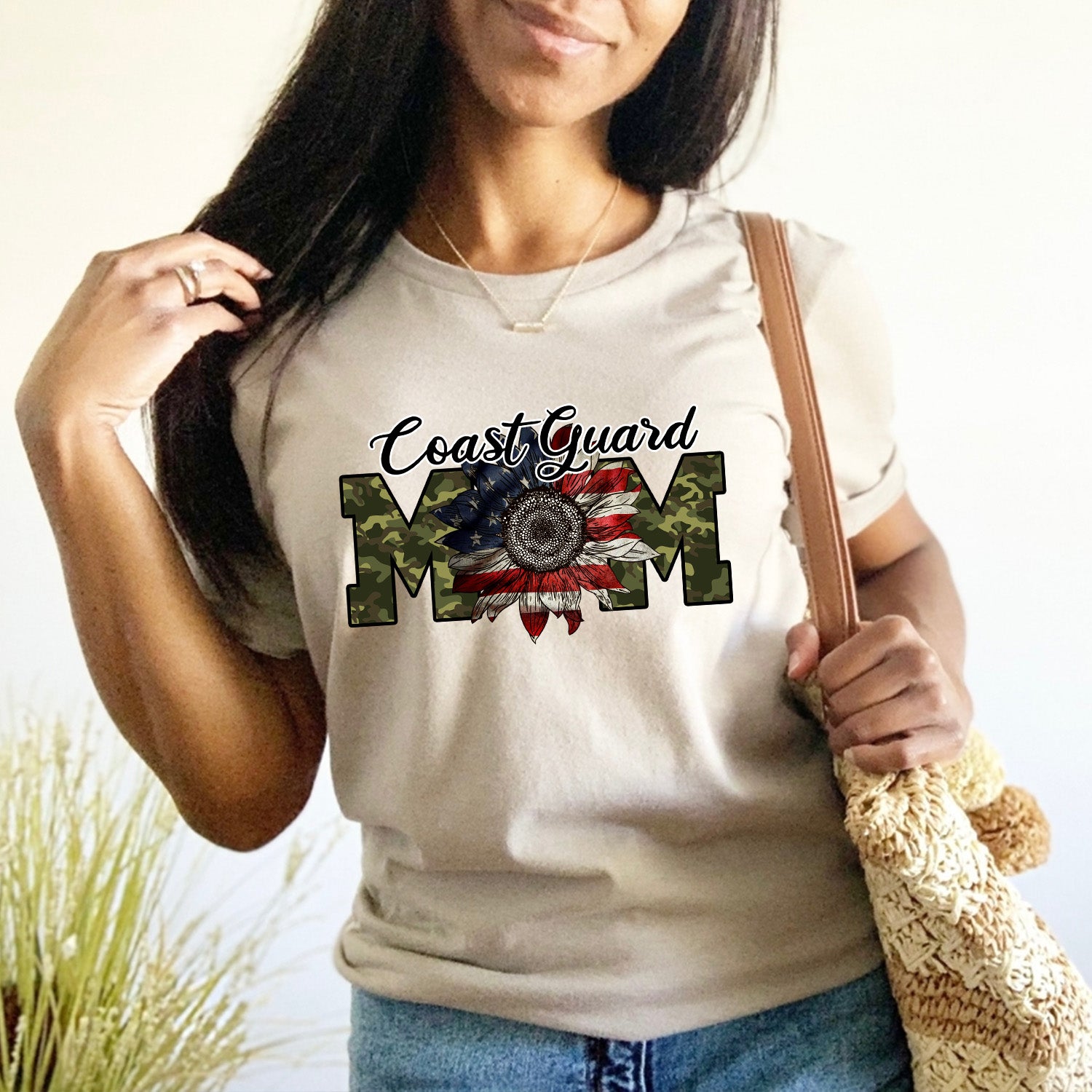 Coast Guard Mom Flag Flower T-shirt featuring a vibrant flower flag design, perfect for proud Coast Guard mothers.