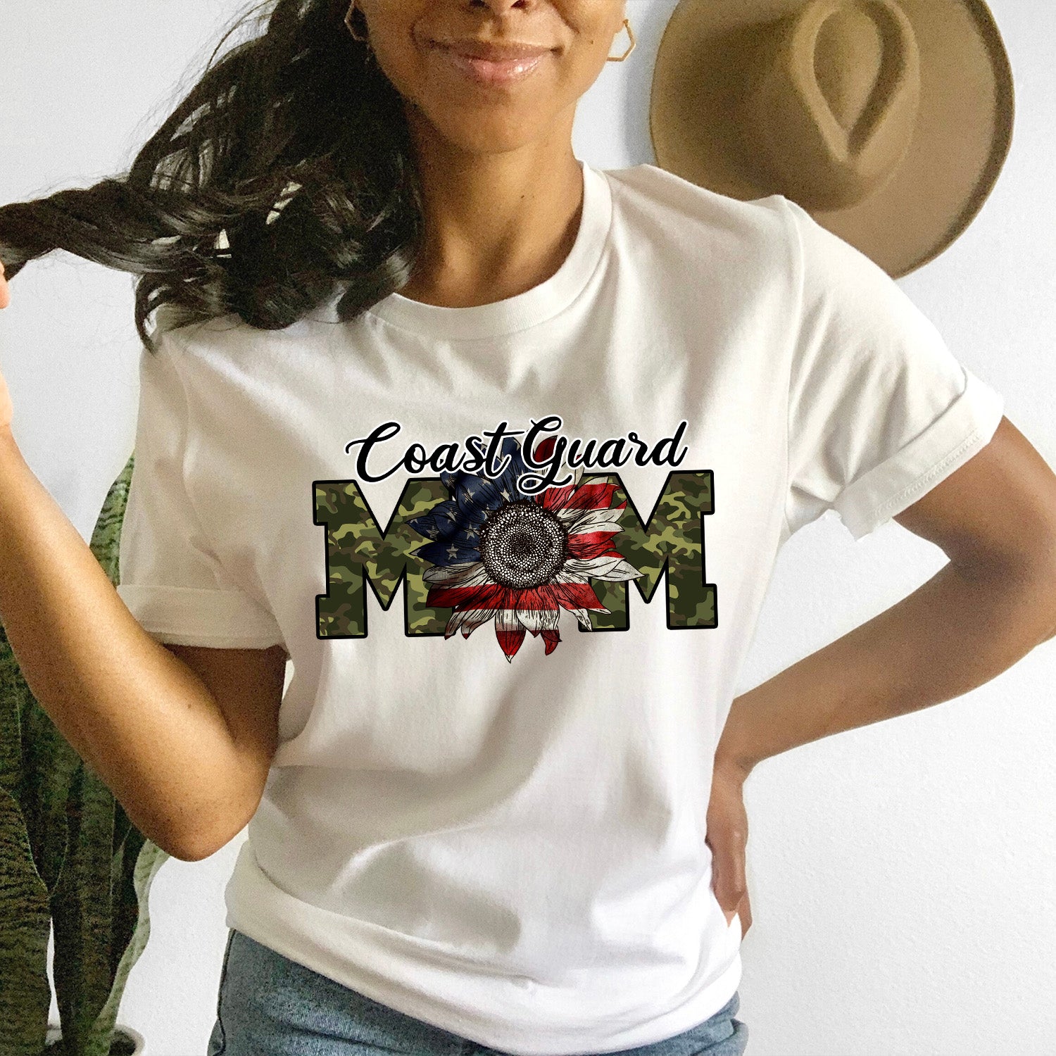 Coast Guard Mom Flag Flower T-shirt featuring a vibrant flower flag design, perfect for proud Coast Guard mothers.