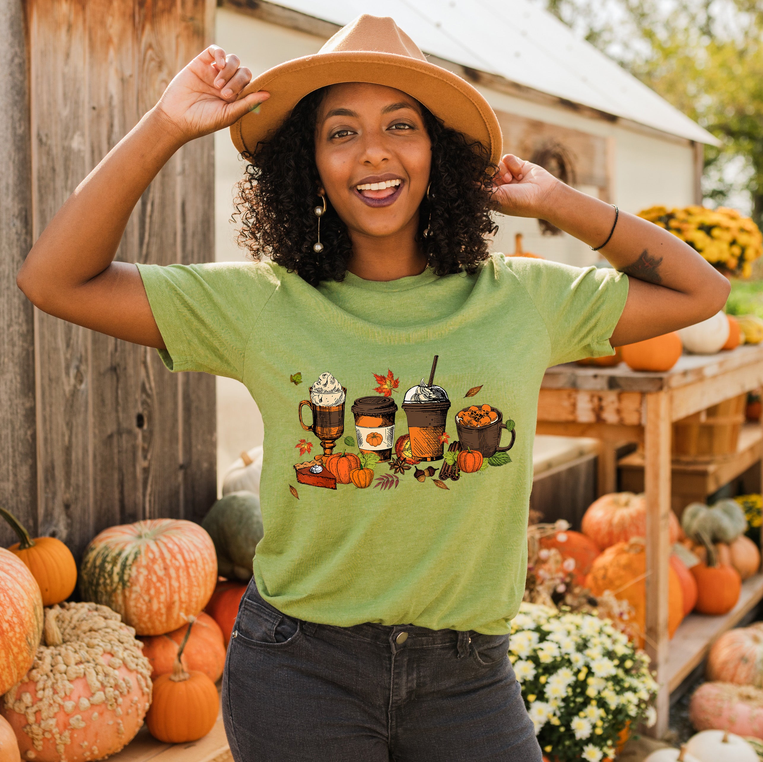 Coffee Pie and Pumpkin Spice Unisex T-shirt featuring a vibrant design, perfect for autumn wear.