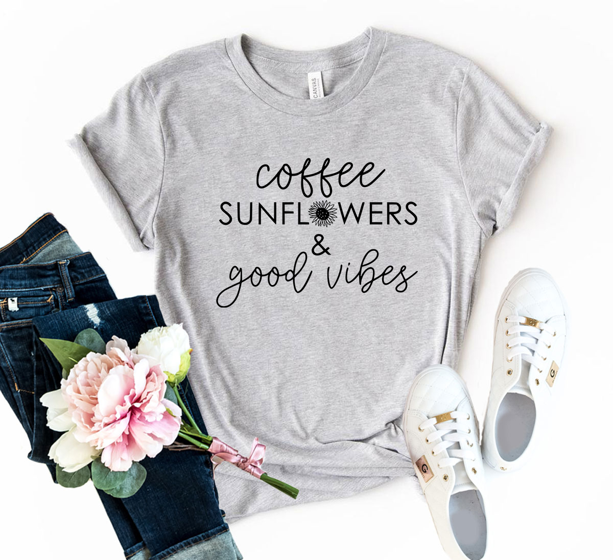 A unisex Coffee Sunflowers And Good Vibes Shirt displayed in multiple colors, showcasing its soft fabric and stylish design.