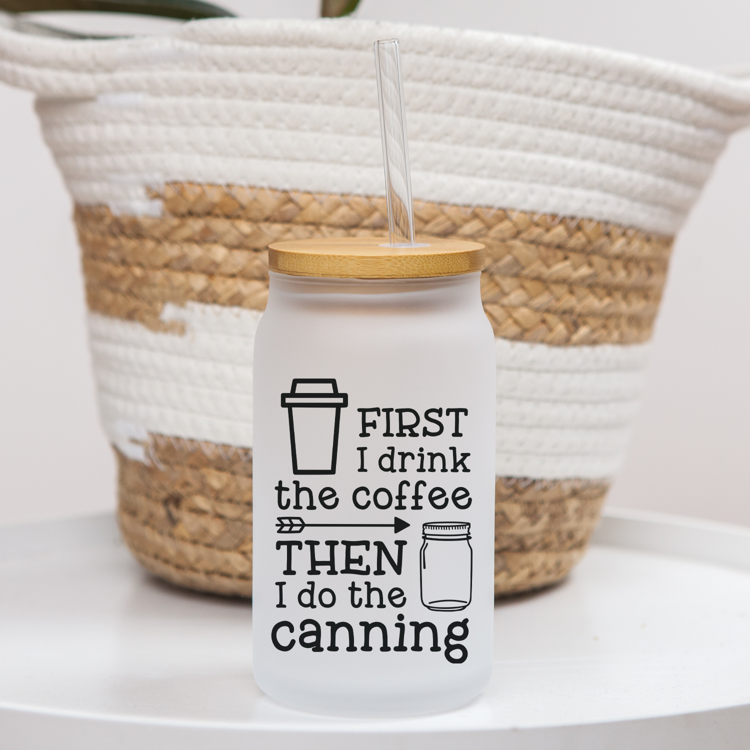 Coffee then Canning Glass Can Tumbler with bamboo lid and clear straw, showcasing a stylish design for beverages.