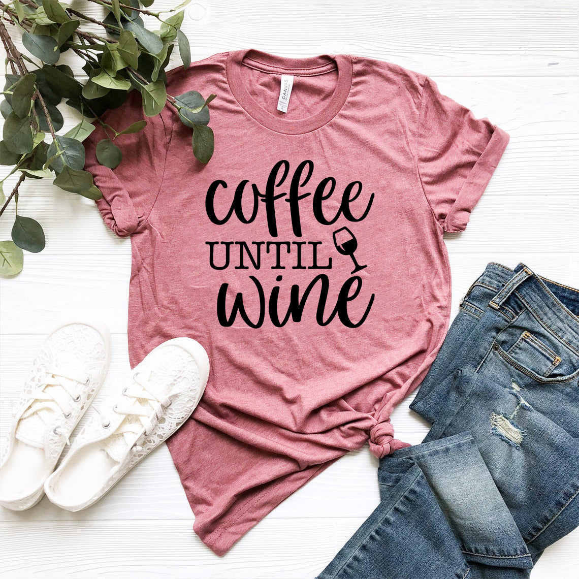 A stylish unisex Coffee Until Wine T-shirt displayed in various colors, showcasing its comfortable fit and high-quality print.