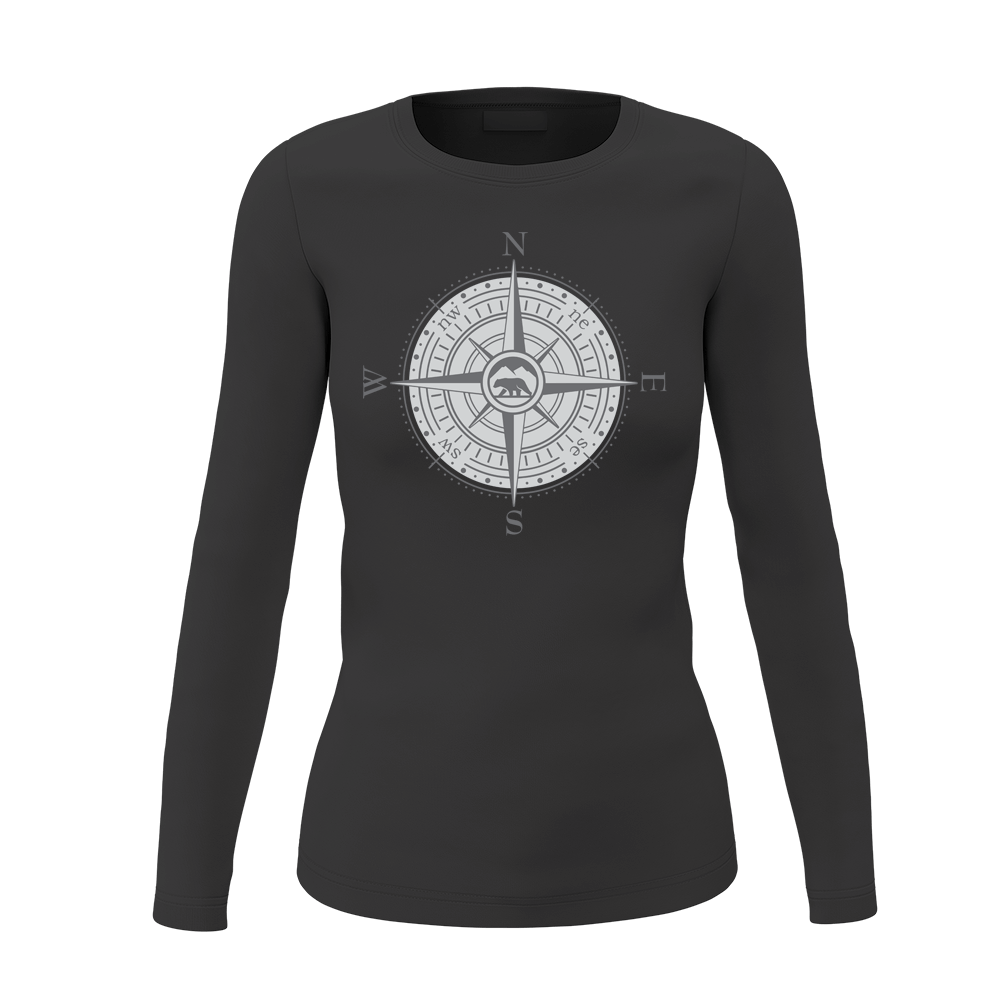 Compass Camping Women Long Sleeve Shirt in a stylish outdoor setting, showcasing its classic design and comfortable fit.