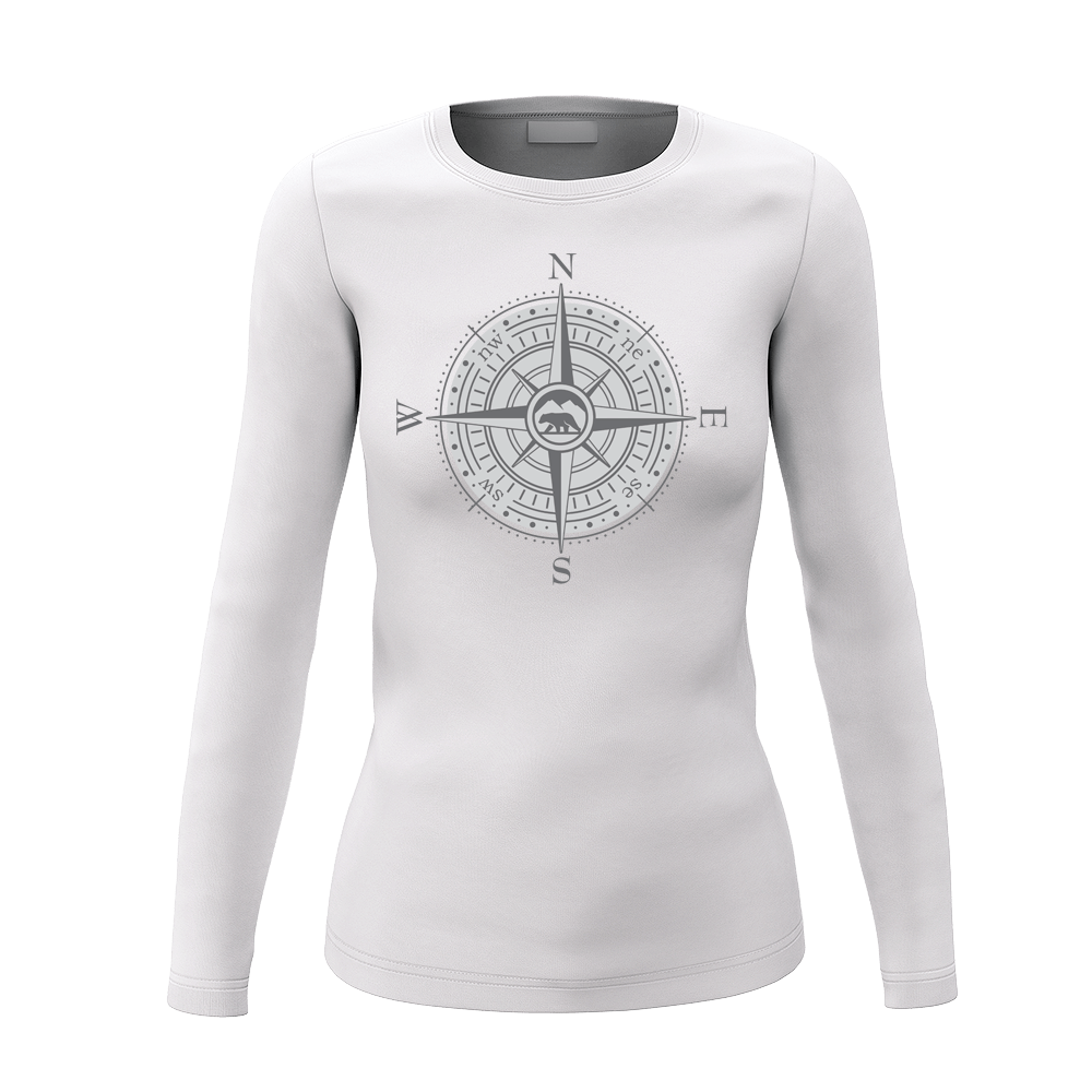 Compass Camping Women Long Sleeve Shirt in a stylish outdoor setting, showcasing its classic design and comfortable fit.