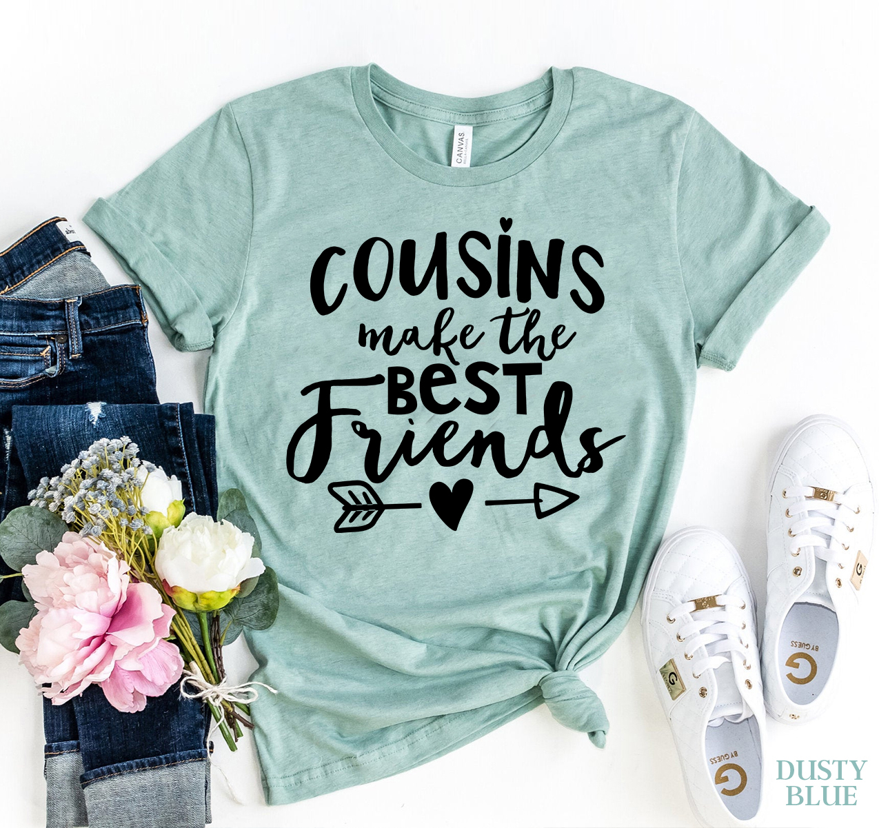 Cousins Make The Best Friends T-shirt in various sizes, showcasing its soft cotton fabric and vibrant flex print design.