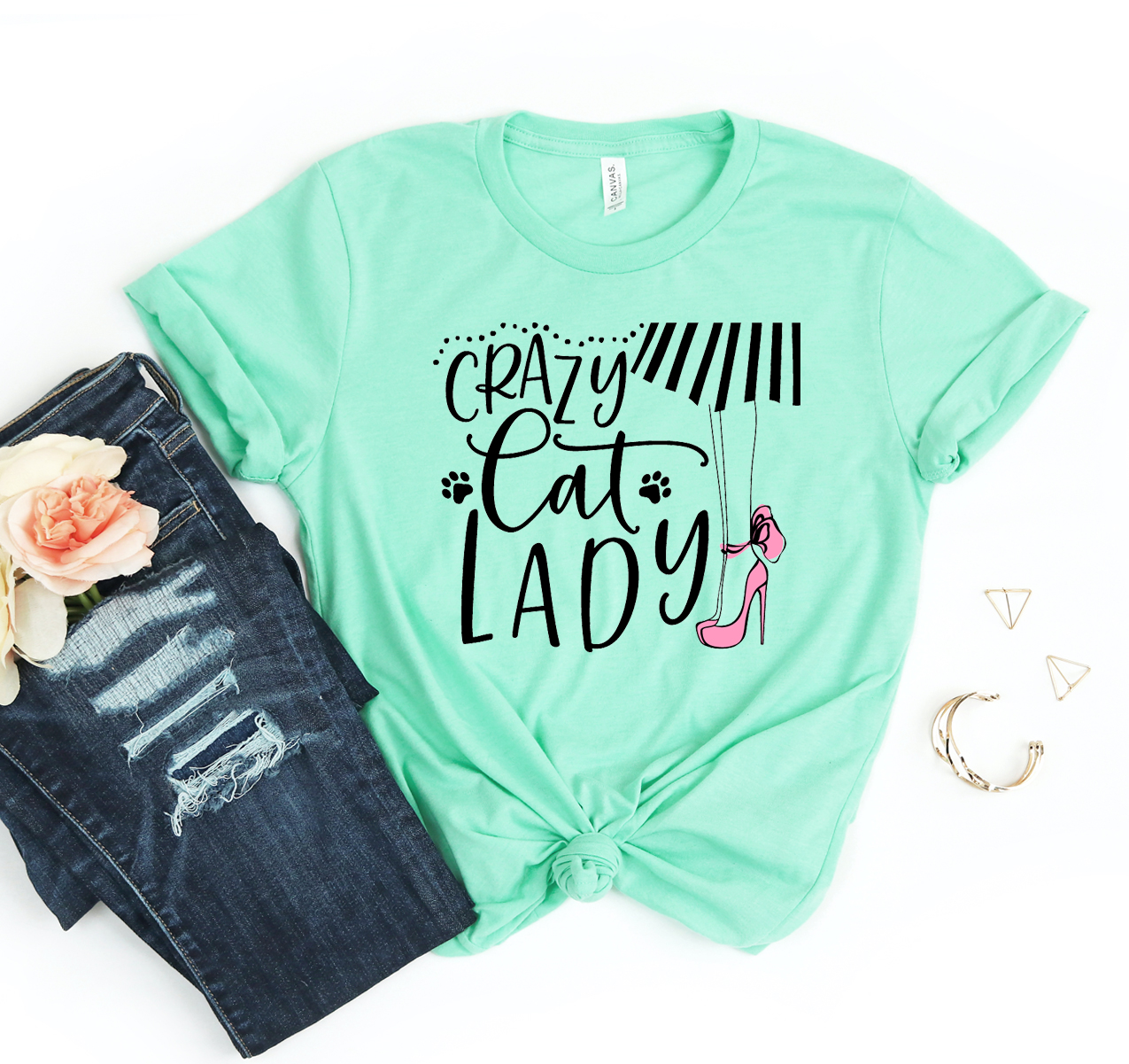 A stylish Crazy Cat Lady T-shirt made from soft cotton, featuring a playful design perfect for cat lovers.