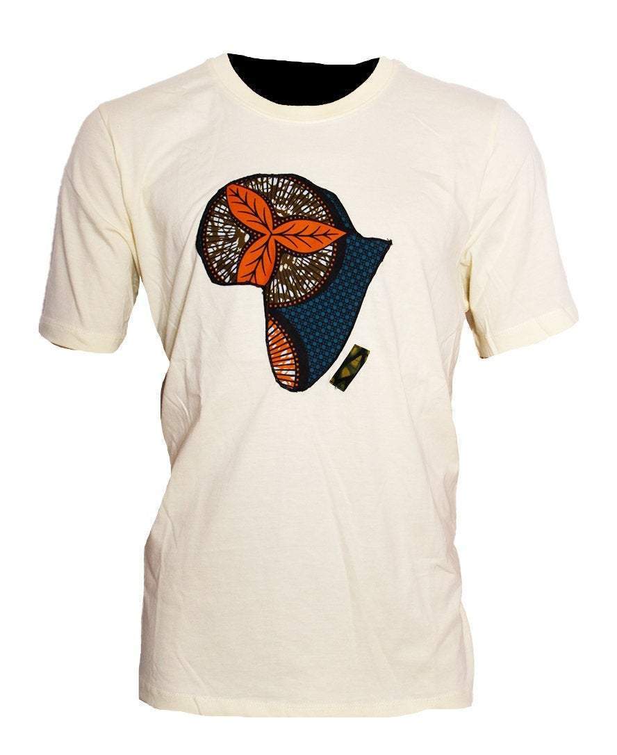 Cream Ankara Casual African T-shirt featuring a unique African Map design made from Kente Print fabric, suitable for men and women.