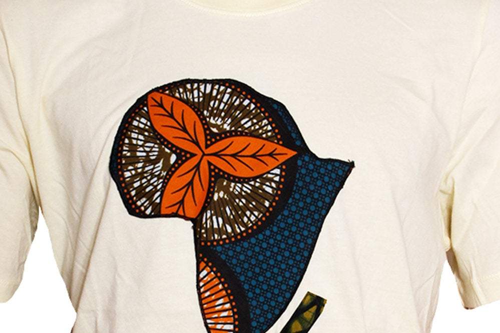 Cream Ankara Casual African T-shirt featuring a unique African Map design made from Kente Print fabric, suitable for men and women.