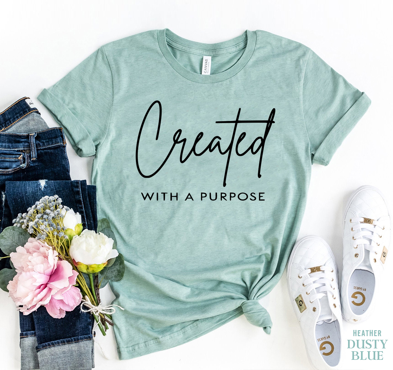 Created With A Purpose T-shirt made from premium ring spun cotton, featuring a soft textile flex print design.