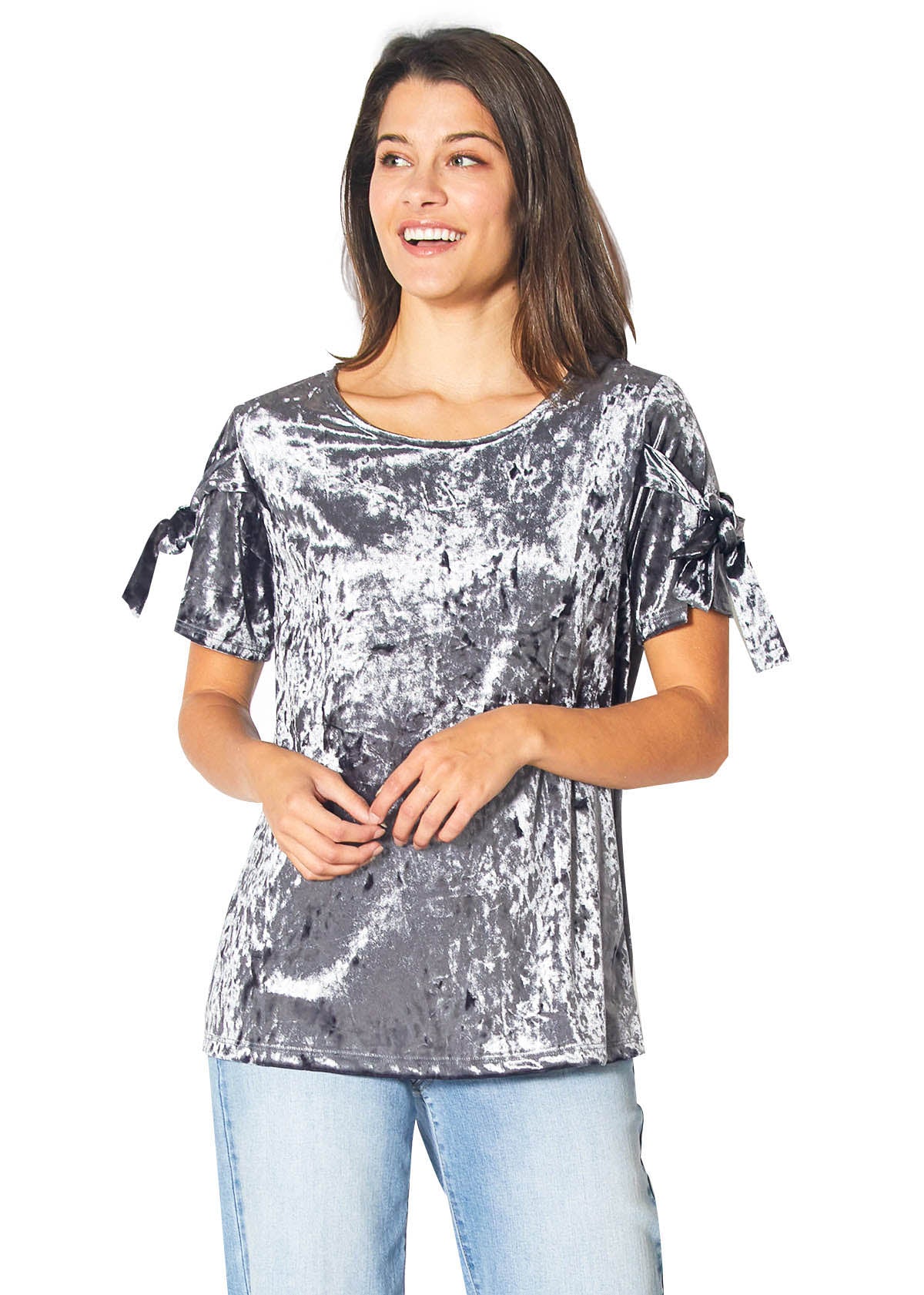 Crushed Velvet Tie Sleeve Tee in Steel Blue featuring elegant tie sleeves and soft texture.