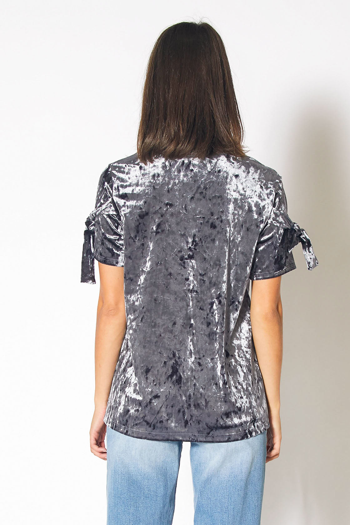 Crushed Velvet Tie Sleeve Tee in Steel Blue featuring elegant tie sleeves and soft texture.