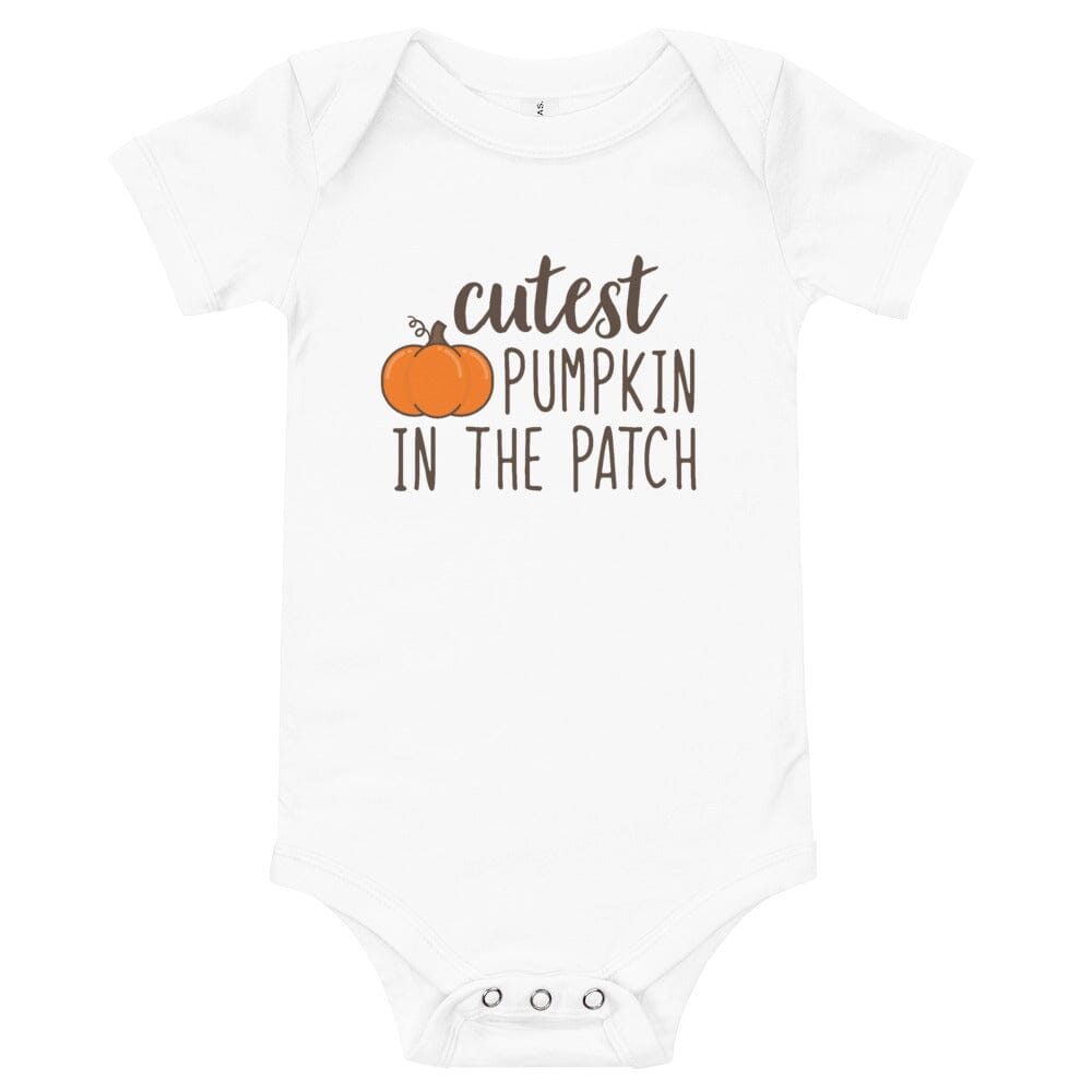 Adorable baby wearing the Cutest Pumpkin In The Patch! Baby Onesie, showcasing its cute design and vibrant colors.