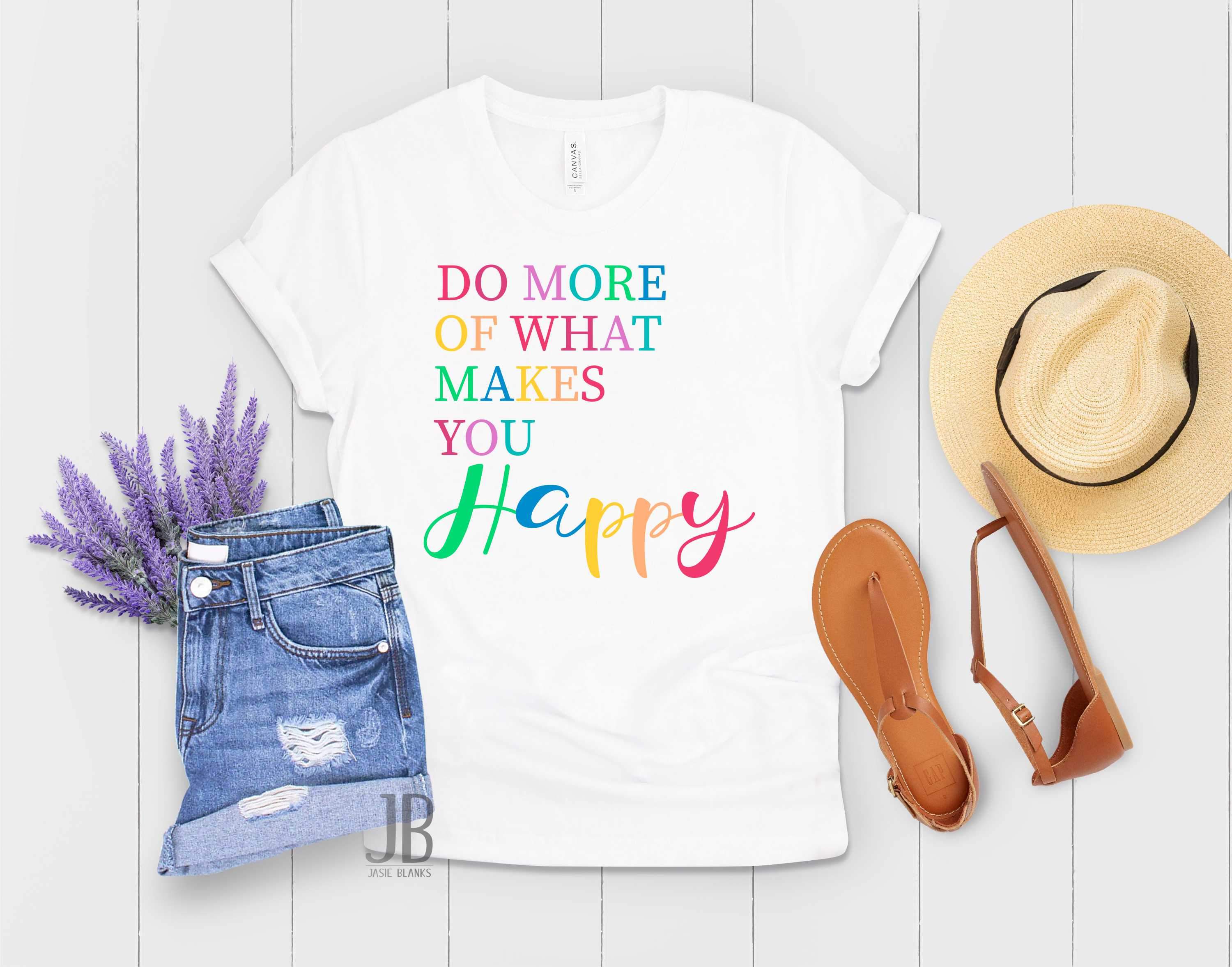 A unisex graphic tee featuring the phrase 'Do More of What Makes You Happy' in a stylish font, perfect for casual wear.
