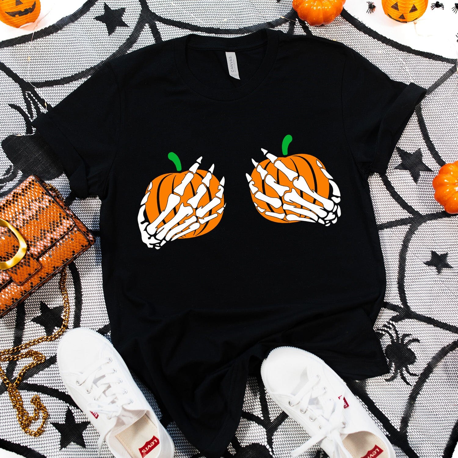 Double Pumpkin Funny Halloween T-Shirt featuring a whimsical pumpkin design, perfect for Halloween celebrations.