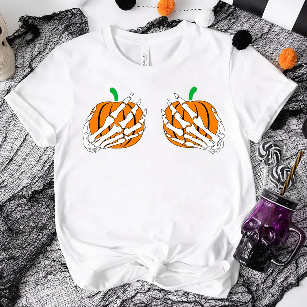 Double Pumpkin Funny Halloween T-Shirt featuring a whimsical pumpkin design, perfect for Halloween celebrations.