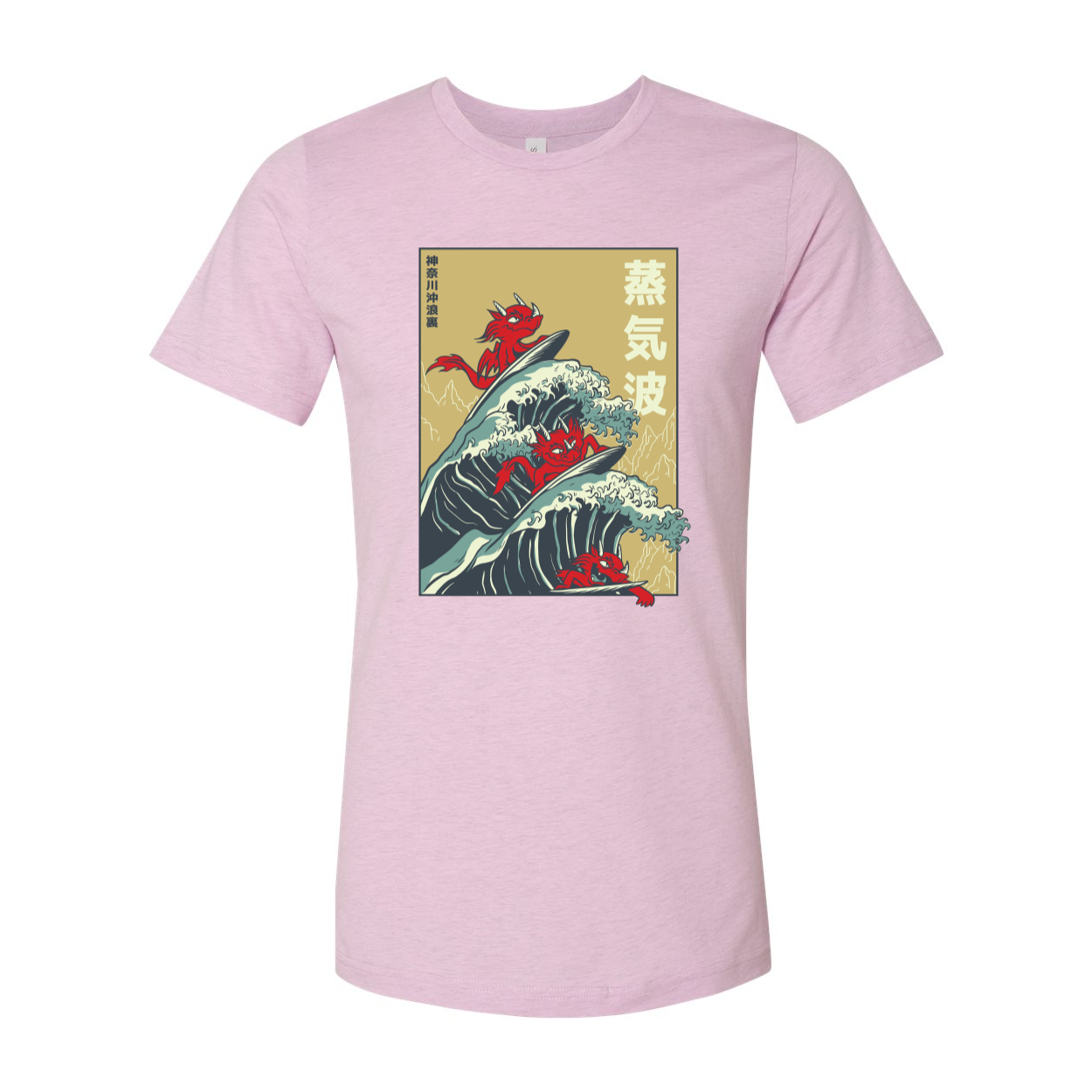 A vibrant Dragons Surfing Waves T-shirt featuring colorful graphics of dragons riding waves, perfect for surf enthusiasts.