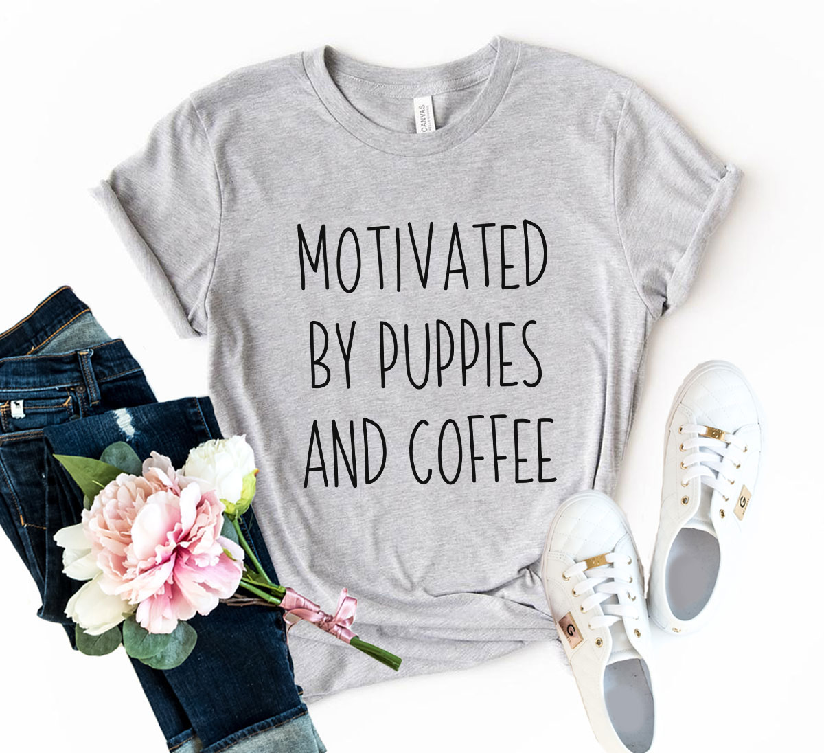 DT0522 Motivated By Puppies And Coffee Shirt in various colors, showcasing its soft fabric and stylish design.