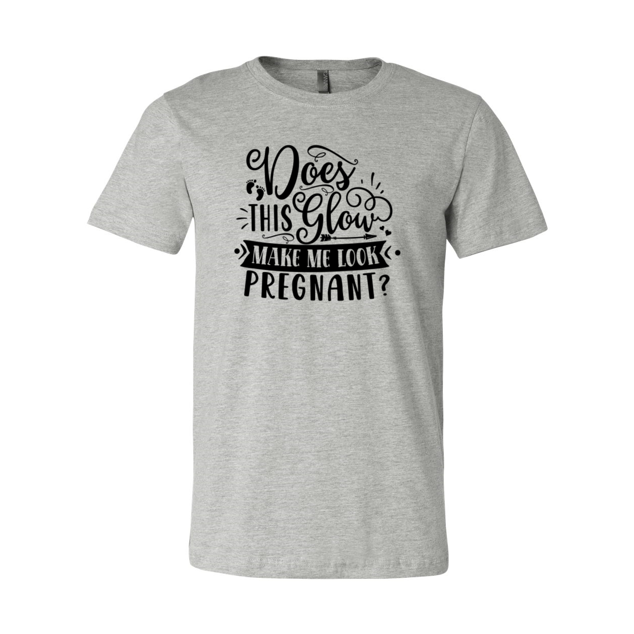 DT0602 unisex T-shirt in various colors featuring the phrase 'Does this glow make me look pregnant' on the front.