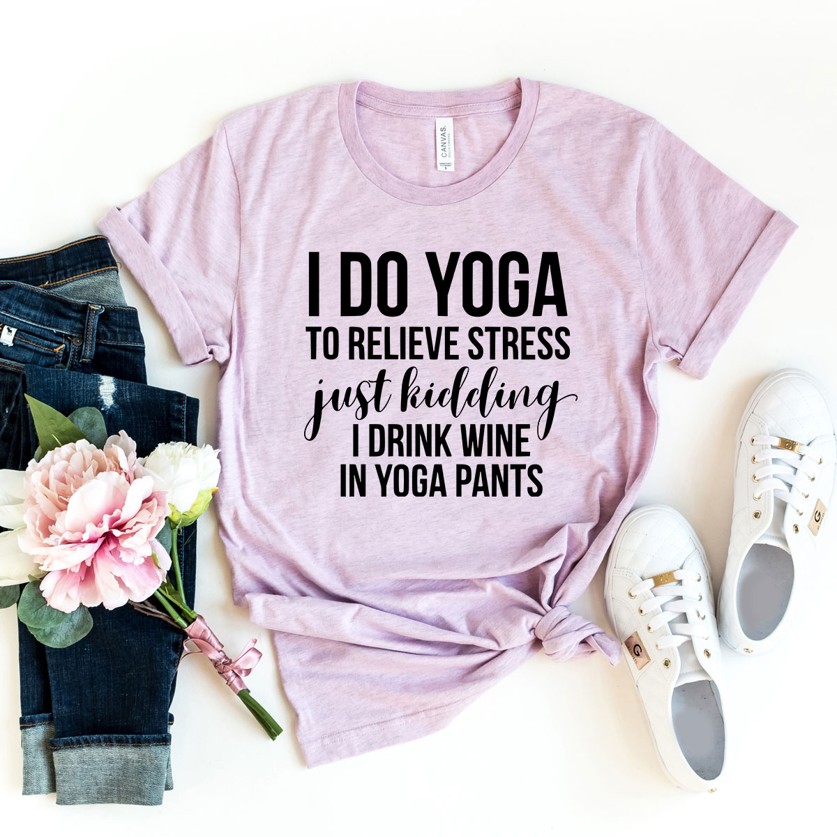 Unisex T-shirt featuring the phrase 'I Do Yoga To Relieve Stress' in a comfortable and stylish design, available in multiple colors.