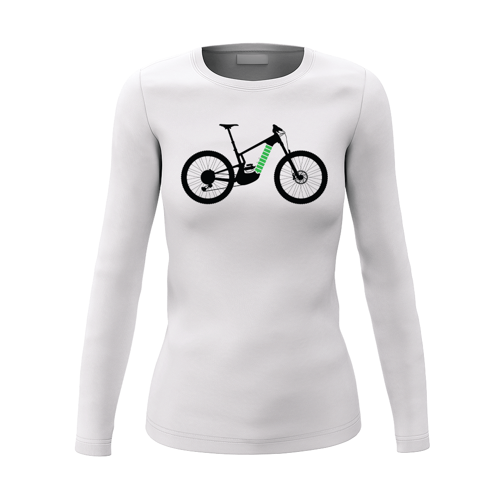 E Bike Women Long Sleeve Shirt in stylish design, showcasing its comfortable fabric and semi-fitted silhouette, perfect for cycling and outdoor activities.