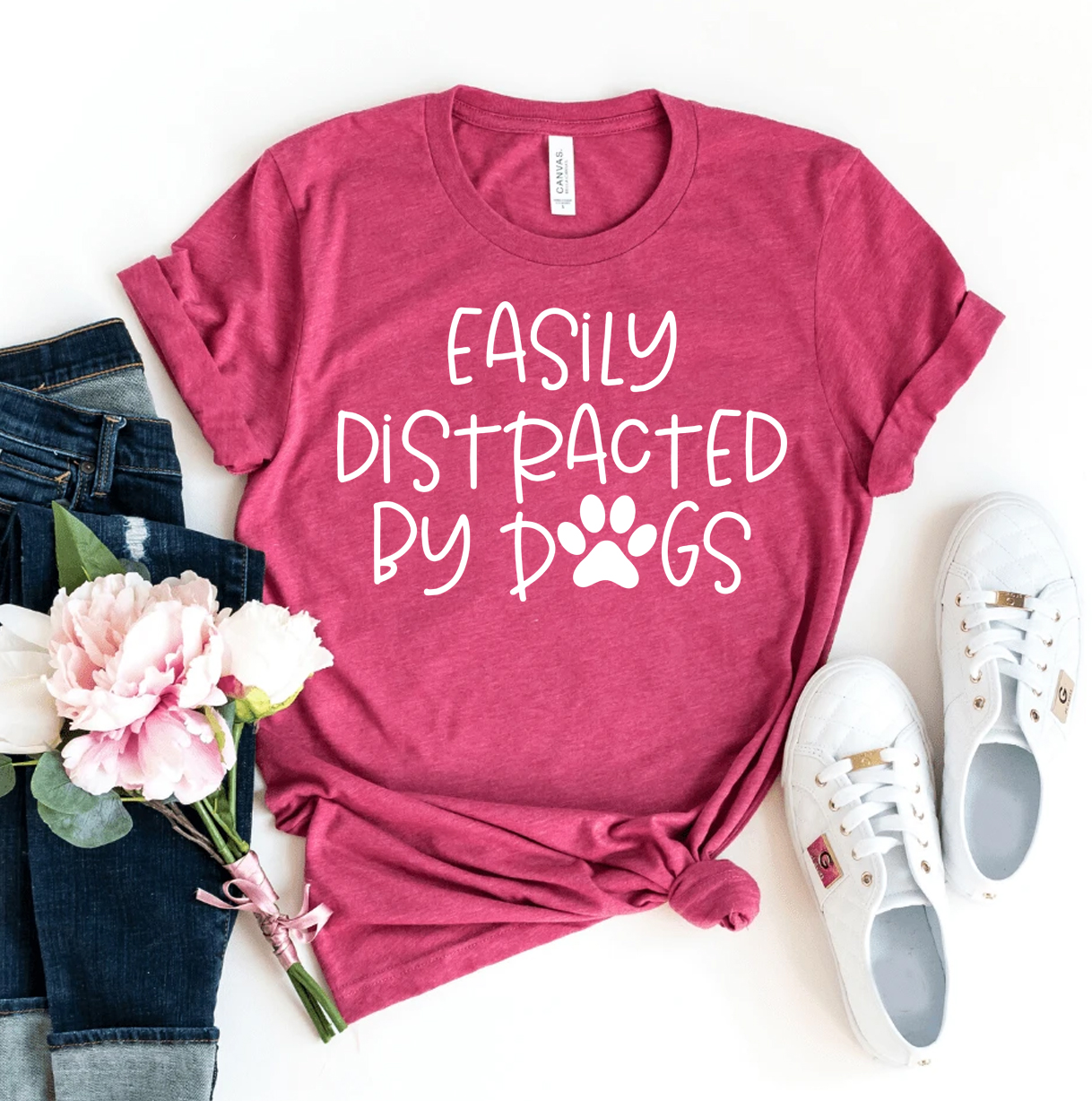 Easily Distracted By Dogs T-shirt made of premium ring spun cotton with a vibrant print, showcasing a playful design for dog lovers.
