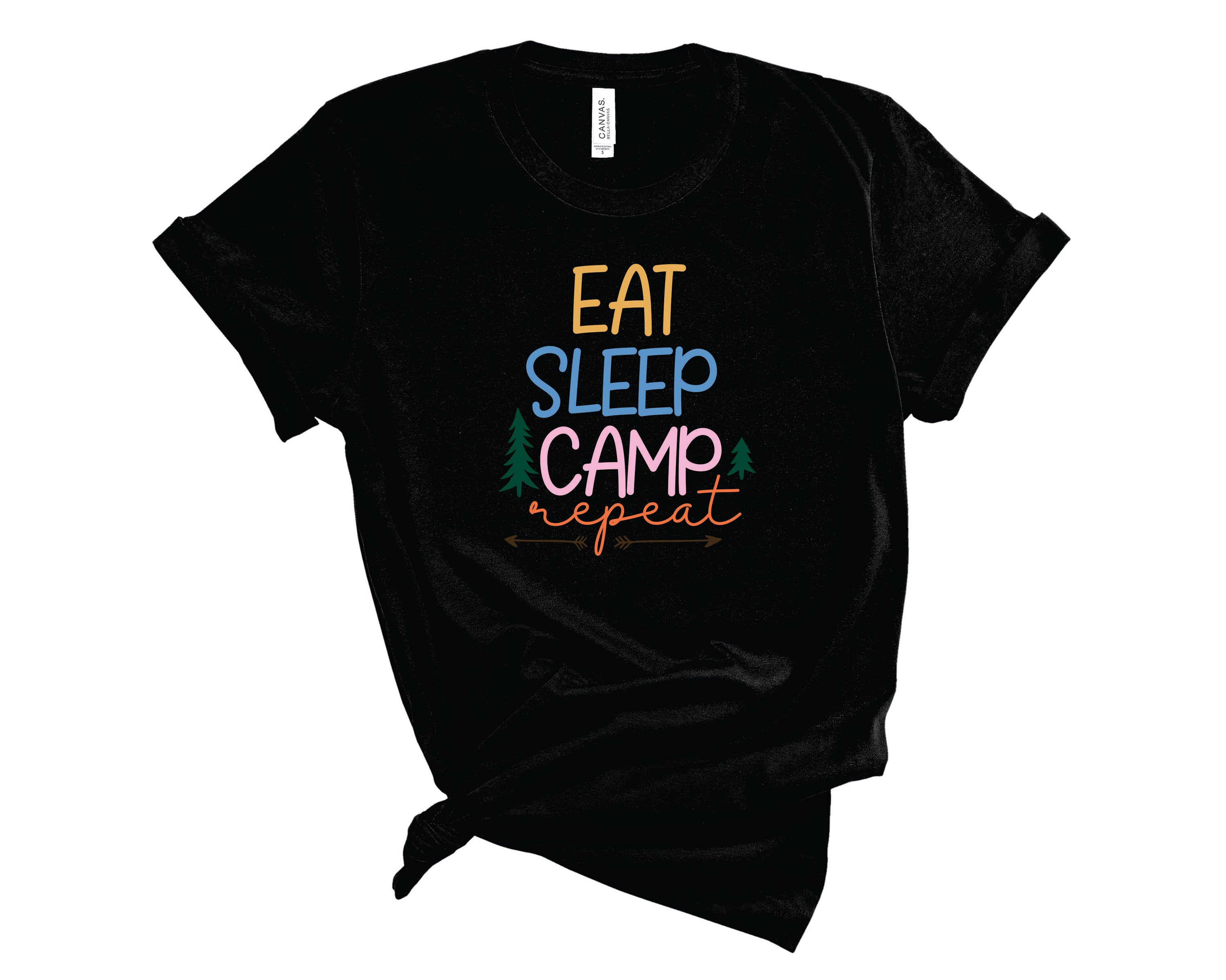 A unisex graphic tee featuring the phrase 'Eat Sleep Camp Repeat' in bold letters, perfect for outdoor enthusiasts.