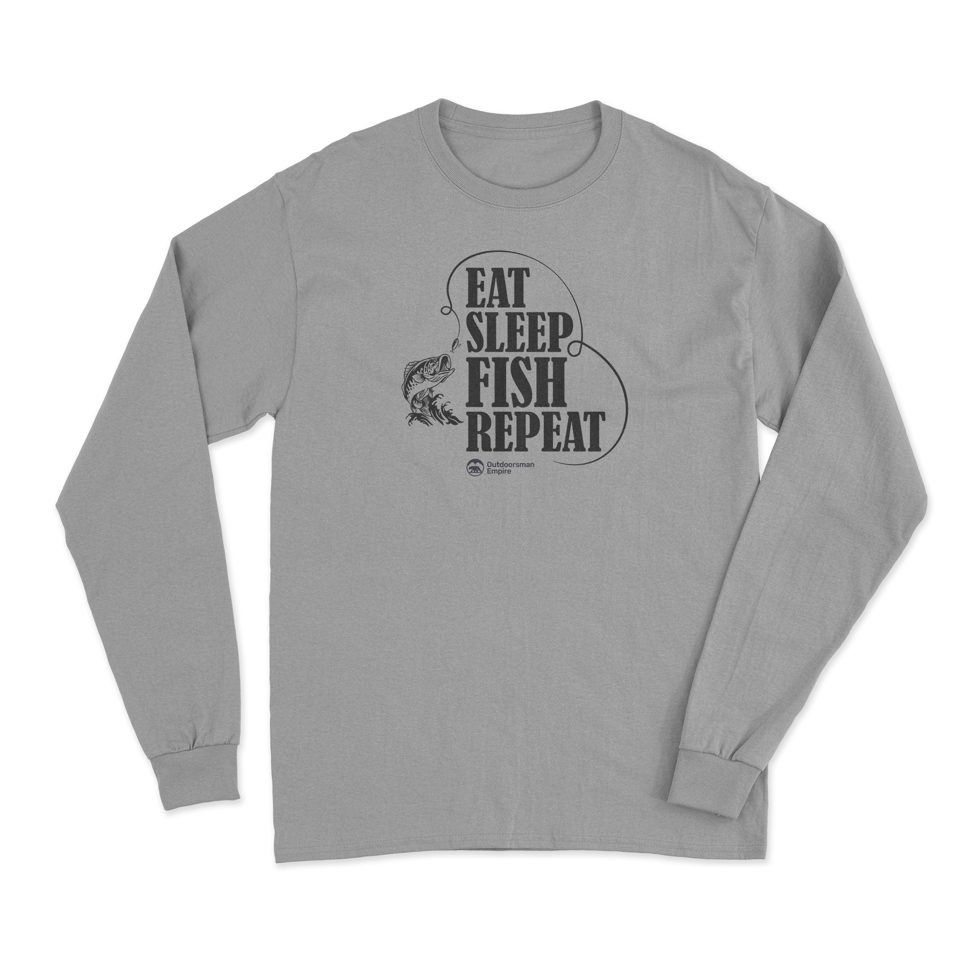 Men's long sleeve shirt featuring 'Eat Sleep Fish Repeat' design, perfect for fishing enthusiasts.